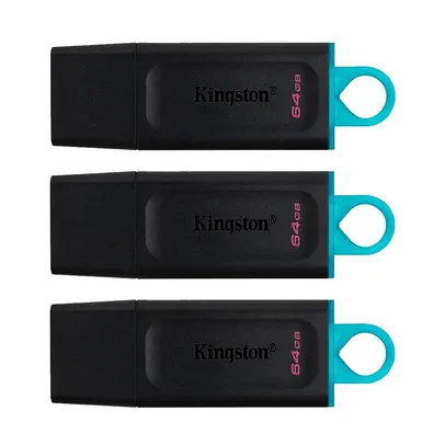 Kit - 3 Pen Drives DataTraveler Exodia 64GB Kingston com Conexão USB 3.2, Preto/Azul - DTX/64GB