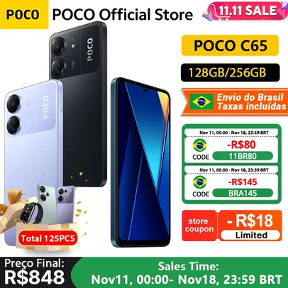 [ APP | Do Brasil | MOEDAS R$ 890 ] Celular Smartphone Xiaomi POCO C65 8GB/256GB Versão Global NFC Tripla Câmera 50MP 5000mAh, Carregamento Rápido 18W