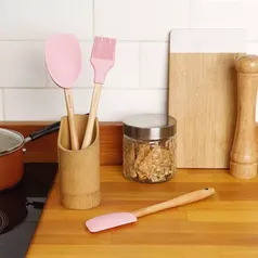 [AME SC R$ 3 ] Conjunto de Utensílios de Silicone 3 peças Rosa - La Cuisine