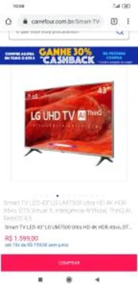 [30% Cashback do Carrefour] Smart TV LED 43" LG UM7500 Ultra HD 4K - R$1599