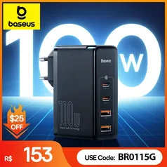 Baseus 100w Gan Usb Tipo C Carregador Pd Qc Carga Rápida 4.0m