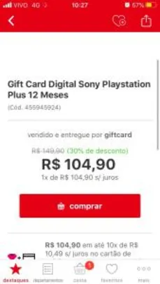 Gift Card Digital Sony Playstation Plus - 12 Meses | R$105