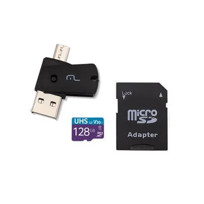 Kit 4 em 1 Cartão De Memória Ultra High Speed-I U3 + Adaptador USB Dual Drive + Adaptador SD 128GB até 90 Mb/S De Velocidade Multilaser - MC153