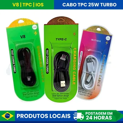 Kit 3 Cabos Tpc V8 Ios Micro Usb Carregamento 25w Turbo