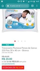 Travesseiro Plumasul Penas de Ganso 233 Fios 30 x 40 cm - R$20