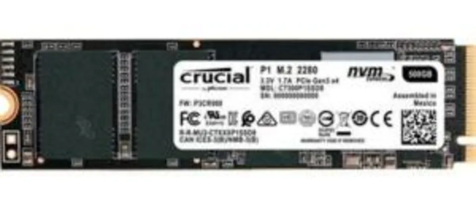 SSD Crucial P1, 500GB, M.2 NVMe, Leitura 1900MB/s, Gravação 950MB/s | R$423