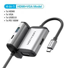 (Moedas / G Pay) Hub USB TIpo C 4 em 1 Vention - HDMI + VGA + USB 3.0 + PD 100W