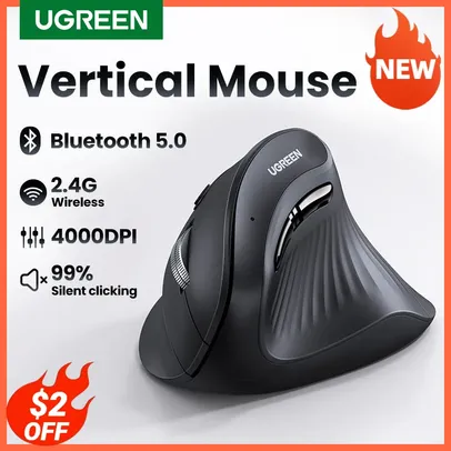 [Taxa Inclusa] Mouse Vertical Sem Fio Ugreen, Bluetooth 5.0, 2.4G, Ergonômico 4000DPI, 6 Botões Mudo 