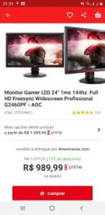 [R$880 AME] Monitor Gamer LED 24" 1ms 144hz Full HD Freesync G2460PF - AOC | R$1099