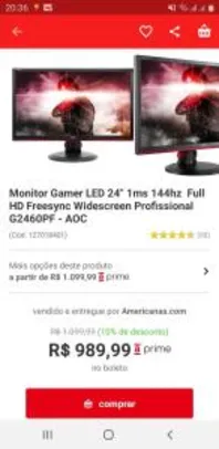 [R$880 AME] Monitor Gamer LED 24" 1ms 144hz Full HD Freesync G2460PF - AOC | R$1099