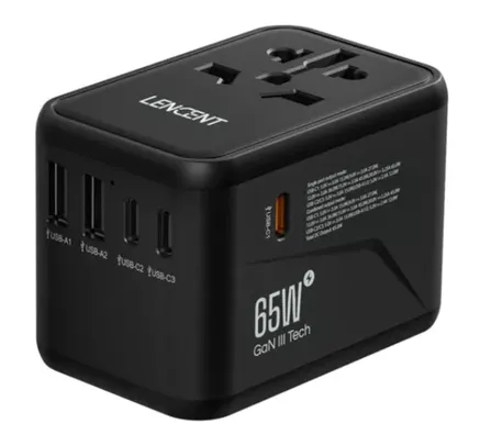 Carregador e Adaptador de Viagem Universal 65W GaN 3xUSB-C 2xUSB 1 Tomada