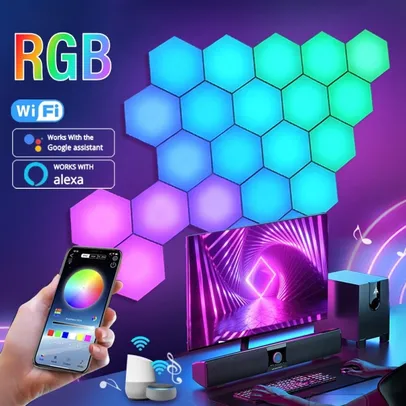 KIT 6 LÂMPADAS HEXAGONAL INTELIGENTE RGB