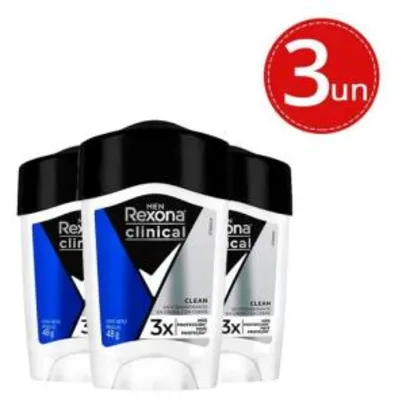 Kit Desodorante Antitranspirante Rexona Men Clinical Clean 48g - 3 unidades (R$13,32 cada)