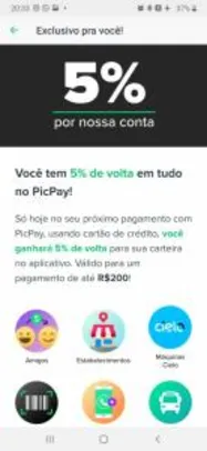 [Usuários Selecionados] 5% de cashback em pagamentos no PicPay