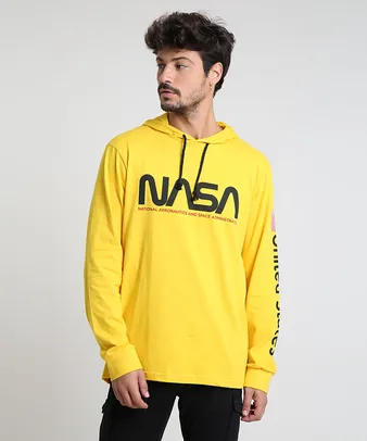 Camiseta Masculina NASA com Capuz Manga Longa Amarela | R$49