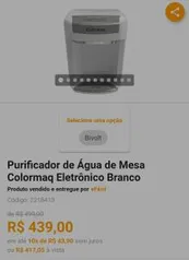 Purificador de água Colormaq Eletrônico Bivolt Branco | R$373