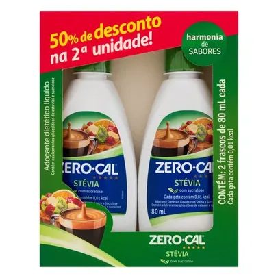 Pack Adoçante Líquido Stevia Zero Cal Frasco 2 Unidades 80ml Cada Grátis 50% de Desconto na 2ª Unidade