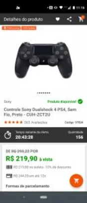 Controle Sony Dualshock 4 PS4, Sem Fio, Preto - CUH-ZCT2U R$219