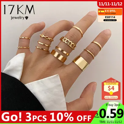 17KM Hiphop Gold Chain Rings Set For Women Girls Punk