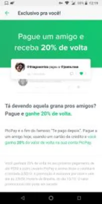 20% de volta pagando amigos com cartão de crédito no PicPay