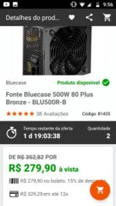 Fonte Bluecase 500W 80 Plus Bronze - BLU500R-B R$ 280