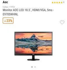 Monitor AOC LED 18.5´, HDMI/VGA, 5ms - E970SWHNL R$460