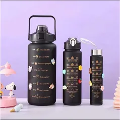 Kit de Garrafa PRETO de Água Squeeze Motivacional Com Adesivos 300ML+900ML+2000ML