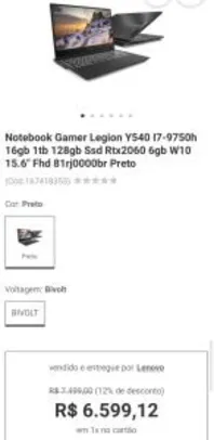 Notebook Gamer Legion Y540 I7-9750h 16gb 1tb 128gb Ssd Rtx2060 6gb W10 15.6" Fhd 81rj0000br R$6599