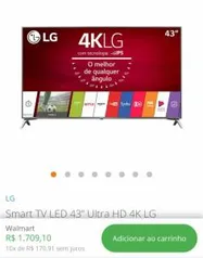 Smart TV LED 43” Ultra HD 4K LG 43UJ6525 com Conversor Digital 4 HDMI 2 USB WebOS 3.5 Wi-Fi Integrado - Energia Elétrica - Bivolt