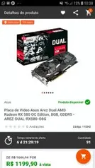 Placa de Vídeo Asus Arez Dual AMD Radeon RX 580 OC Edition, 8GB R$1199