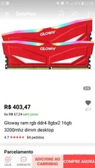 Gloway ram rgb ddr4 8gbx2 16gb 3200mhz dimm desktop R$403