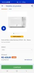 Forno de Micro-ondas Electrolux MTO30 - 20L - Branco | R$429