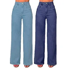 Kit 2 Calças Jeans Retrô Pantalona Wide Leg Cintura Alta Tendencias Azul Claro E Azul Escuro