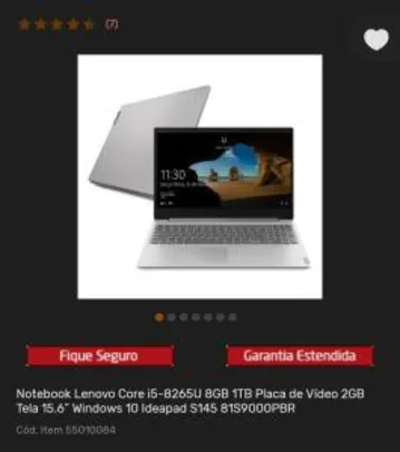 Lenovo S145 i5-8265U 8GB 1TB Placa de Vídeo 2GB | R$ 3799