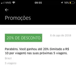 20% de desconto em 5 viagens Uber (usuários selecionados).