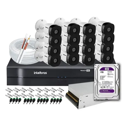 Kit 16 Câmeras de Segurança Infra HD 720p Intelbras VHL 1120B + DVR Intelbras Multi HD + HD WD Purple 1TB + Acessórios