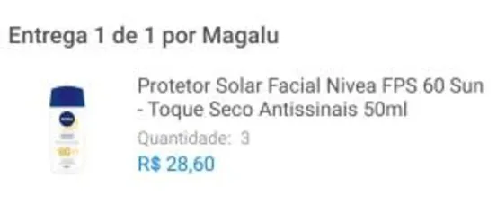 [3 un] Protetor Solar Facial Nivea Sun Toque Seco Antissinais Fps60 - 50ml | R$ 29 cada