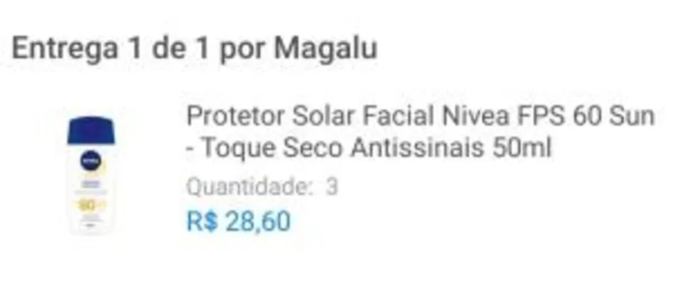 [3 un] Protetor Solar Facial Nivea Sun Toque Seco Antissinais Fps60 - 50ml | R$ 29 cada