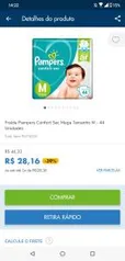 Fralda Pampers Confort Sec Mega Tamanho M - 44 Unidades - R$28