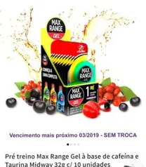 Pré treino Max Range Gel à base de cafeína e Taurina Midway 32g c/ 10 unidades