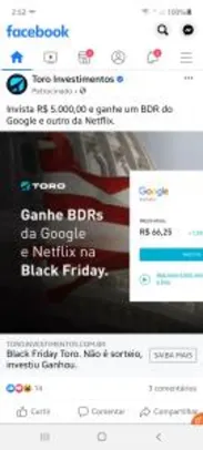 Invista R$5000,00 na Toro corretora e ganhe uma BDR da Google e uma da Netflix (somente para novos clientes)