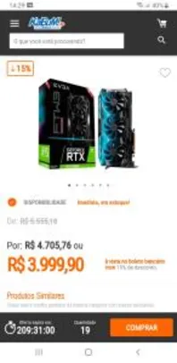 Placa de Vídeo EVGA NVIDIA GeForce RTX 2070 Super FTW3 Ultra+ Overclocked, 8GB, GDDR6 - R$4000