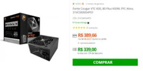 Fonte Cougar VTC 600, 80 Plus 600W | R$339