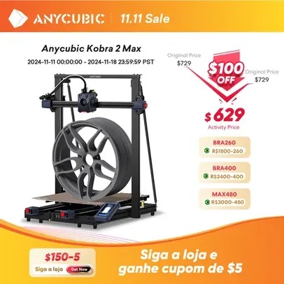 Anycubic kobra 2 max 19.7in./s 500 mm/s Velocidade máxima de impressão top fdm impressora 3d 19,7 x 16,5x 16,5in Dimensões de impressão