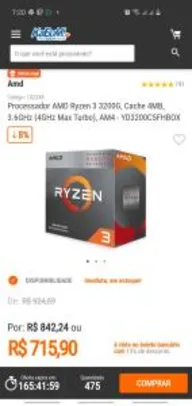 Processador AMD Ryzen 3 3200G, Cache 4MB, 3.6GHz (4GHz Max Turbo), AM4 - YD3200C5FHBOX - R$716