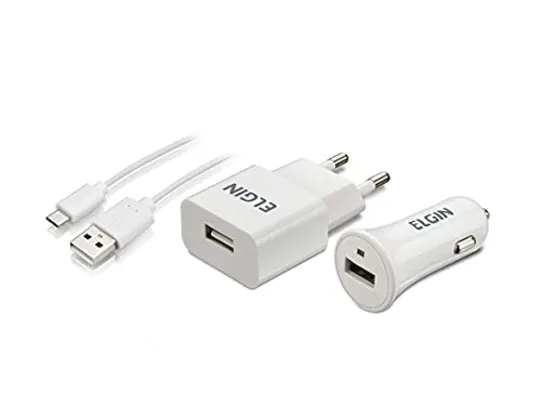 Kit Carregador USB de Tomada Bivolt, Carregador Veicular 1 Saída 1A, 5W e Cabo MicroUSB de 1 Metro, Elgin, 46RCK1USB00M, Branco