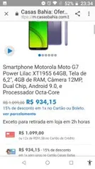 Smartphone Motorola Moto G7 Power Lilac XT1955 64GB, Tela de 6,2", 4GB de RAM - R$934