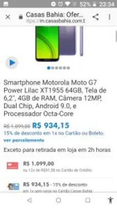 Smartphone Motorola Moto G7 Power Lilac XT1955 64GB, Tela de 6,2", 4GB de RAM - R$934