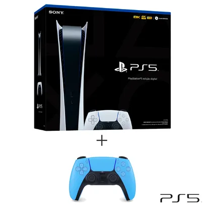 Playstation5 Edicao Digital 825 GB e 01 Controle DualSense + Controle sem Fio DualSense Sony Starlight Blue para PS5