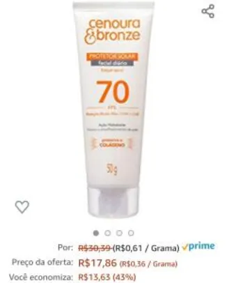[PRIME] Protetor Solar Facial Cenoura e Bronze FPS70 50g | R$18
